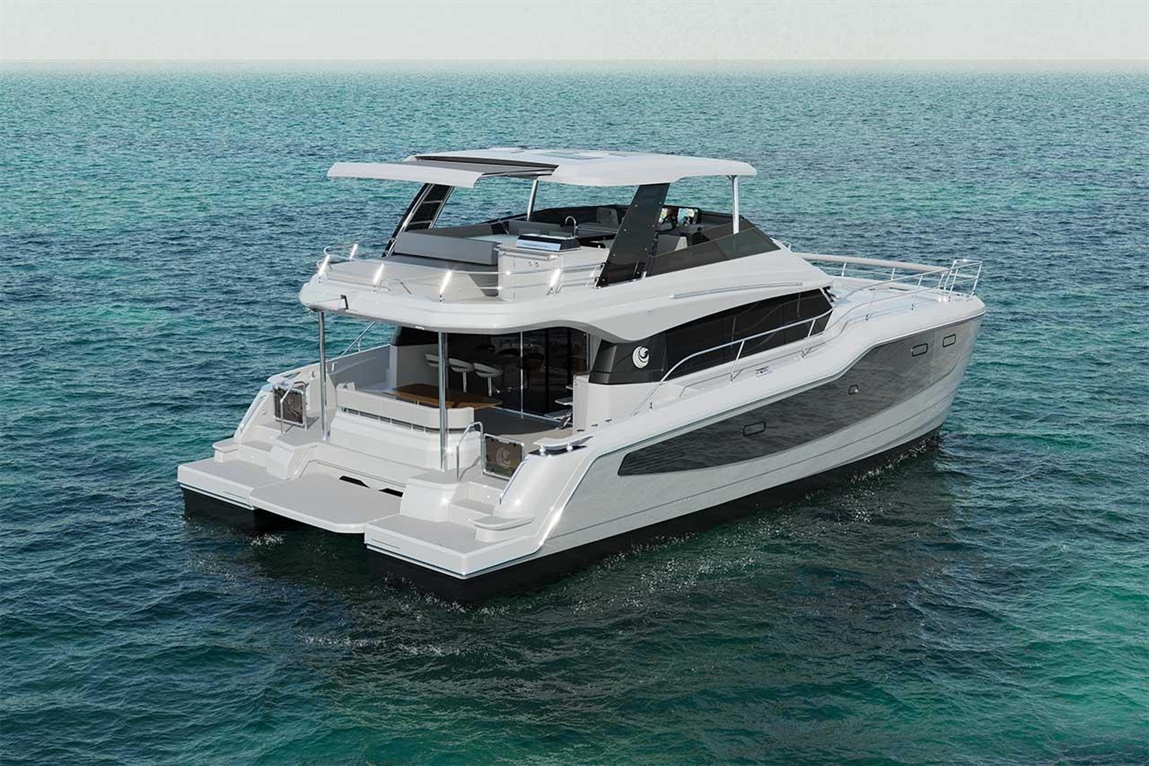 Luxury motor yacht cruising on a calm sea, featuring modern design, spacious deck, and sleek lines for an upscale experience.